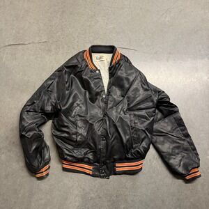 Vintage Chalk Line Black Satin Bomber Jacket Orange Striped Trim Mens Large